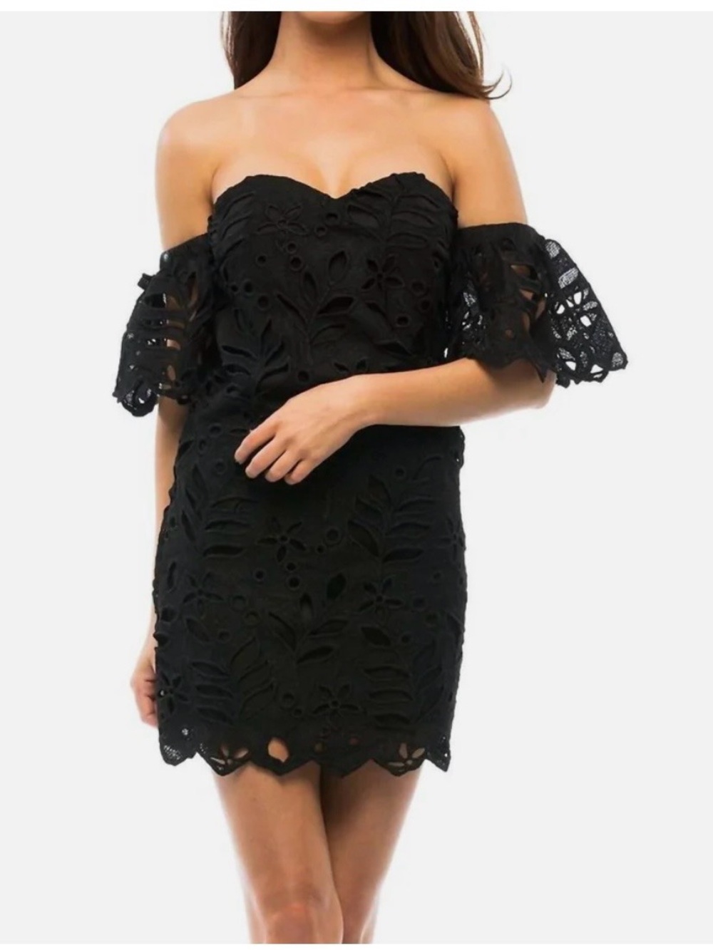 re:named Black Off Shoulder Cutwork Mini Shift Dresd